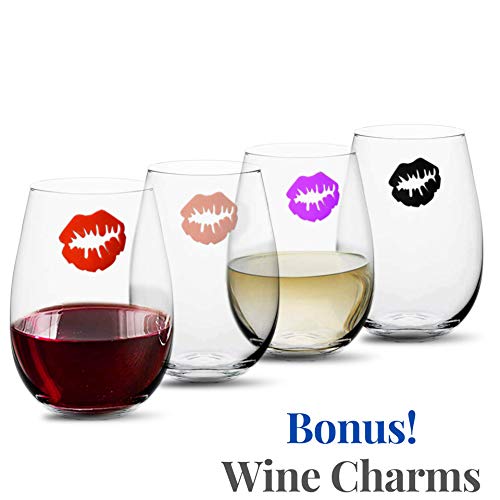 Product Cover Unbreakable Stemless Wine Glasses Set of 4, Bonus! 4 Reusable Kiss Wine Charms, Wine Glass Markers, 16 oz Plastic Wine Glasses for Parties, Ideal for White or Red Wine, Elegant Stemless Wine Glass