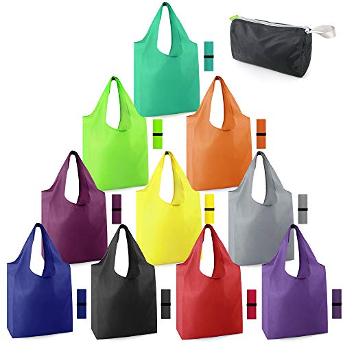 Product Cover Reusable-Grocery-Bags-Foldable-Machine-Washable-Reusable-Shopping-Bags-Bulk Colorful 10 Pack 50LBS Extra Large Folding Reusable Bags Totes w Zipper Storage Bag Sturdy Lightweight Polyester Fabric
