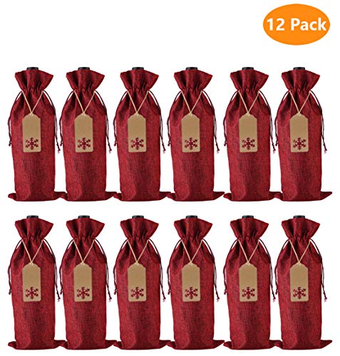 Product Cover Burlap Wine Gift Bags, 12 Pcs Jute Drawstring Wine Bottle Covers with Tags and Ropes for Christmas, Wedding, Travel, Birthday, Holiday Party (Wine Red)