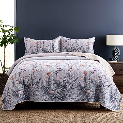 Product Cover HONOVA Leaf Quilt Set, 3pc Retro Coverlet Queen with Purple Flower Pattern Print, Soft Microfiber Lightweight Quilted Bedspreads Queen Size 90