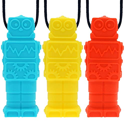 Product Cover Ausbay Sensory Chew Necklace Chewelry for Boys and Girls(3 Pack), BPA Free Silicone Chewable Robot Pendant Necklaces for Kids with Autism ADHD - Chewy Oral Chewing Toys - Blue, Red, Yellow