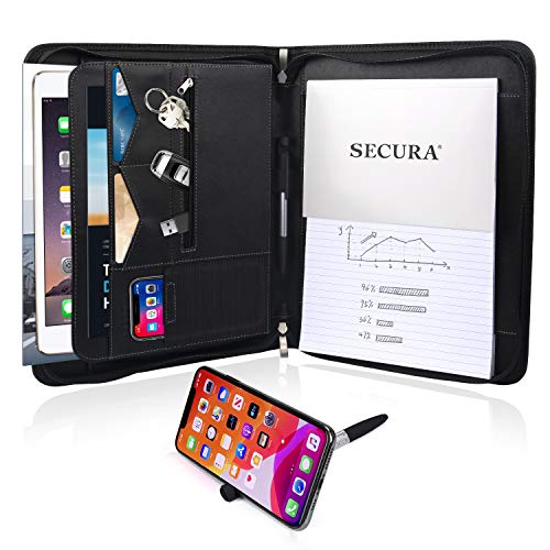 Product Cover Secura Portfolio Folder with Zipper, Business Portfolio with Multifunction Tool Pen, Leather Padfolio for Resume Presentation Interview, 13.4 x 10.6 Inch Document Organizer with Notepad