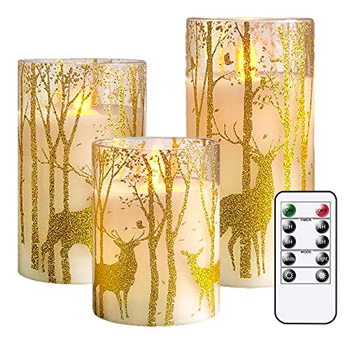 Product Cover GenSwin Glass Flameless Candles with Elk Decor and Remote Timers, Battery Operated Moving Wick Led Flickering Light, Set of 3 Real Wax Pillar Candles for Christmas Home Decoration