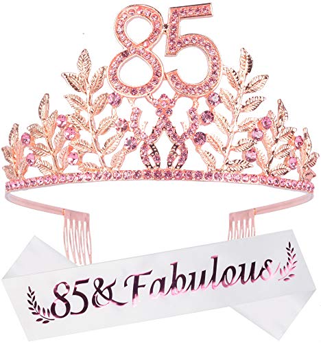 Product Cover 85th Birthday Decorations Party Supplies, 85th Birthday Gifts, Pink 85th Birthday Tiara and Sash, 85th White Satin Sash 85 & Fabulous, 85th Birthday Party Supplies and Decorations, Happy 85th Birthday