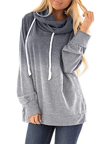 Product Cover Biucly Womens Casual Cowl Neck Hoodies Long Sleeve Color Block Drawstring Warm Solid Top Sweatshirt Pullover(S-2XL)