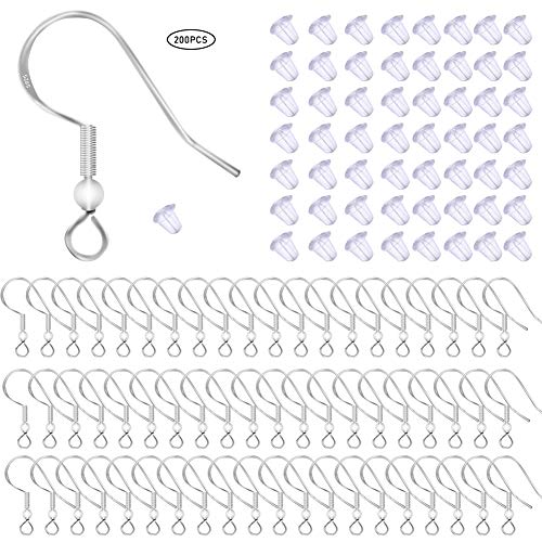 Product Cover 100 PCS/50 Pairs 925 Sterling Silver Earring Hooks Fish Hook Ear Wires French Wire Hooks Hypo-allergenic Jewelry Findings Earring Parts DIY Making With 100 PCS Clear Rubber Earring Safety Backs