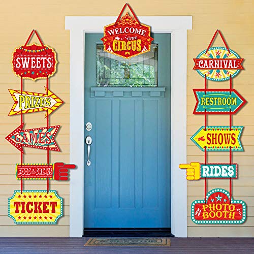 Product Cover KATUMO Carnival Decorations, 11 Pcs Large Circus Carnival Signs Laminated Circus Theme Party Signs Carnival Party Supply Decor Paper Cutouts with Glue Point Dots and 2 Ropes