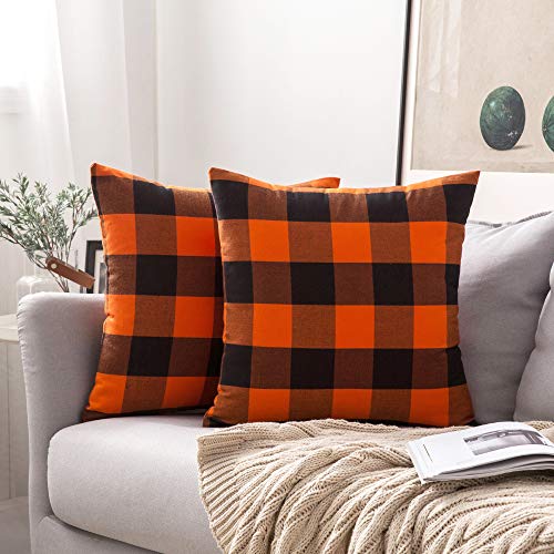 Product Cover MIULEE Pack of 2 Buffalo Check Retro Checker Plaids Accent Throw Pillow Covers Cotton Linen Cushion Case for Sofa Couch Orange and Black 18 x 18 Inch 45 x 45 cm