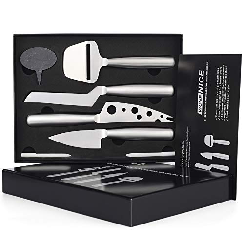 Product Cover WoneNice Cheese Knives and Slate Markers Set - Collection Cheese Knife Gifts Set with 3 Long Handle Stainless Steel Cheese Knife & 1 Cheese Slicer & 3 Cheese Markers and 2 Soapstone Chalks