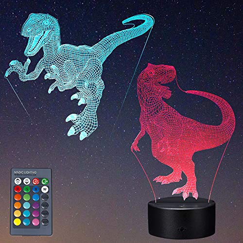 Product Cover Dinosaur Toys 3D Night Light for Boys with 2 T Rex Acrylic Panel 7 Colors Changing Dimmable Night Lights  with Remote Control Best Birthday Trex Toys for 1 2 3 4 5 6 7 8 Year Old Boys Girls Kids
