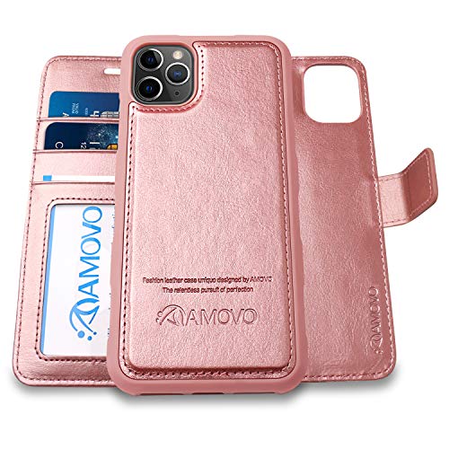 Product Cover AMOVO Case for iPhone 11 Pro (5.8'') [2 in 1] iPhone 11 Pro Wallet Case Detachable [Vegan Leather] [Hand Strap] [Stand Feature] iPhone 11 Pro Flip Folio Case Cover with Gift Box Package (Rosegold)