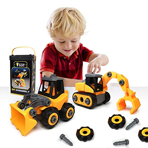 Product Cover Construction Toy Trucks - Build and Take Apart - Great for Learning to Build & Fun to Play - 4 in 1 Playset with Screwdrivers, STEM Educational Toys - for Boys & Girls Aged 3+