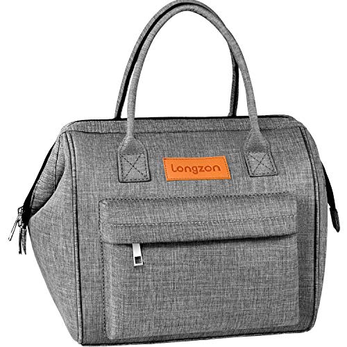 Product Cover Longzon Large Lunch Bag Wide-Open Insulated Lunch Box, Lunch Tote Bags with Durable handles 5CM Thick Pearl cotton leak-proof Lining Oxford Cloth Box For Men Women Meal Office School Picnic-grey