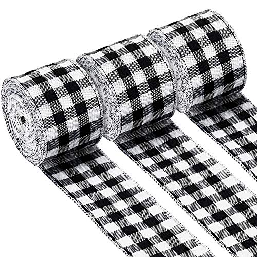 Product Cover 3 Rolls Gingham Ribbon Black and White Plaid Burlap Ribbon Christmas Wired Edge Ribbons for Christmas Gift Wrapping, Crafts Decoration (2.4 by 315 Inches)