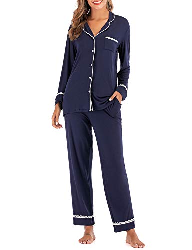 Product Cover DLOREUK Women's Pajamas Set, Long Sleeve Cotton Sleepwear Button Down Nightwear Soft Pj Lounge Sets Navy-L