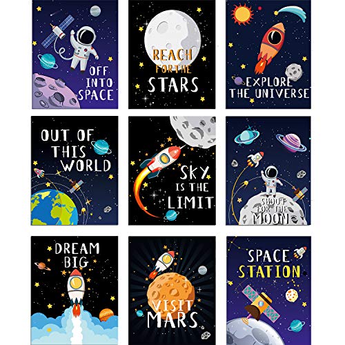 Product Cover Blulu 9 Pieces Outer Space Décor Kids Nursery Bedroom Space Posters Decor, 8 x 10 Inch, Cute Inspirational Wall Art Decoration for Boys and Girls Playroom Bedroom Nursery Room Décor