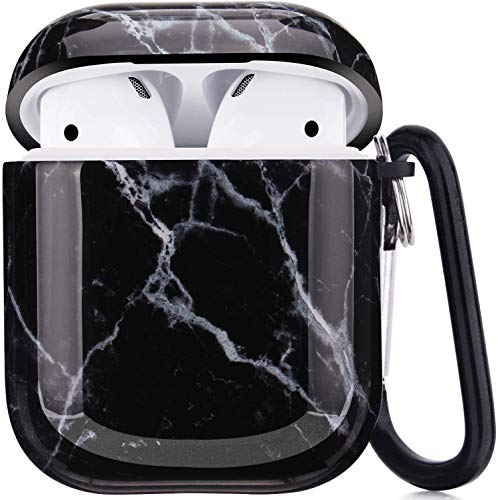 Product Cover Airpods Case, Airpods Protective Hard Black Marble Case Cover with Keychain Compatible with AirPods 2/1 Eco-Friendly Cute Girls Men Durable Shockproof Drop Proof Case for AirPods Charging Case