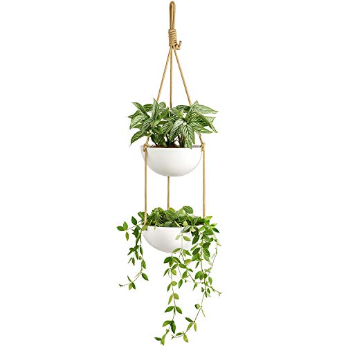 Product Cover Mkono Ceramic Double Hanging Planter 2 Tier Round Flower Plant Pot 9 Inch Porcelain Hanging Basket with Polyester Rope Hanger for Indoor Outdoor Herbs Ferns Ivy Modern Vertical Garden, White