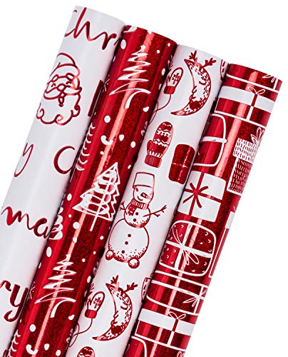 Product Cover WRAPAHOLIC Christmas Gift Wrapping Paper Roll - Red and White Christmas Gift Wrap Design with Glitter Matallic Foil Shine - 4 Rolls - 30 inch X 120 inch Per Roll
