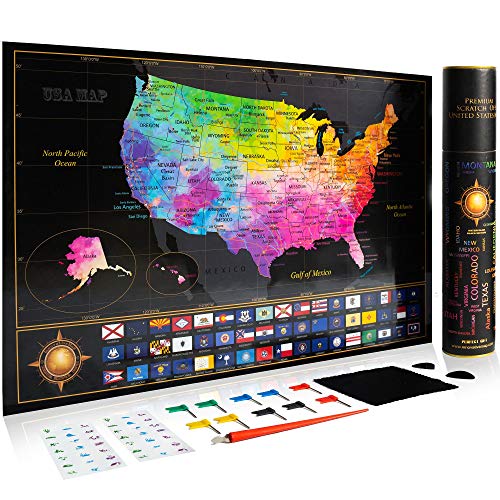 Product Cover Premium Scratch Off Map of The United States - Watercolor USA Travel Scratch Map with All States Capitals, Flags and Accessories Included - 11 x 17