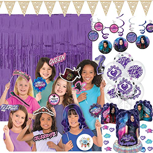 Product Cover Descendants 3 Birthday Party Decoration Pack with Purple Scene Setter and Descendants Photo Props, Swirls, Table Decoration Kit, Balloons, Pennant Banner,and Pin