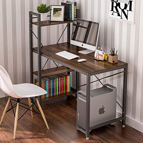 Product Cover Tower Computer Desk with 4 Tire Shelves - 47.6 inch Writing Study Table with Bookshelves Study Desk Modern Steel Frame Compact Wood Desk Home Office Workstation