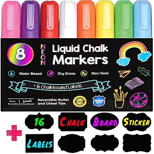 Product Cover Chalk Markers by Hendson, Pack of 8 + 16 Chalkboard Label Stickers, Premium Liquid Dry Erase White Board Neon Pens, Erasable Blackboard or Whiteboard Markers, 6mm Bullet or Chisel Reversible Tips