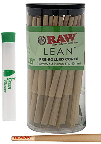 Product Cover RAW Pre Rolled Cones Lean: 100 Pack - Lean Size Rolling Papers with Filter Tips - All Natural Slow Burning RAW Cone - Includes Green Blazer Doob Tube