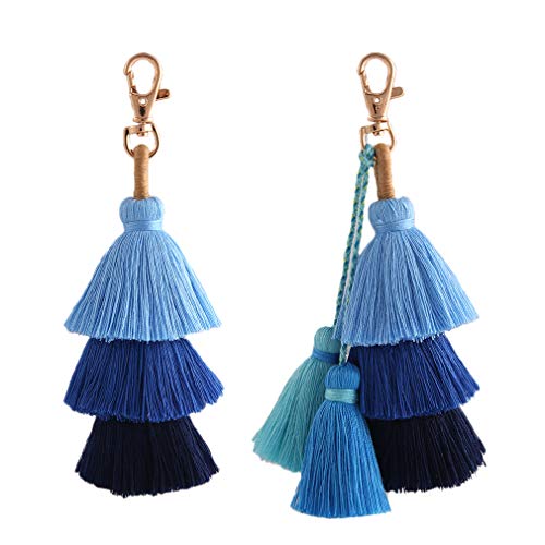 Product Cover Colorful Tassel Bag Charm KeyChain - Handmade Bohemian Handbag Fringe Keychain for Women, Bag Charm Key Chain (2pcs Style Blue02)