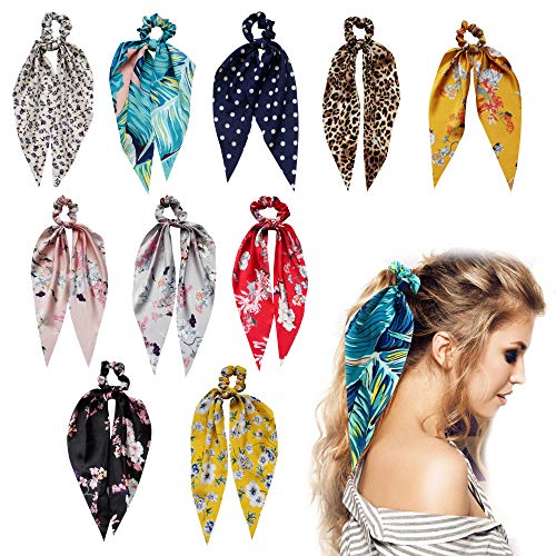 Product Cover Satin and Chiffon Detachable Hair Scarf Scrunchies,10 Pcs AMAZING UNIVERSE super soft Ribbon Bowknot Scarf Scrunchies,ponytail with multi colors,includes 5 Satin and 5 Chiffon,Bandana for women girls