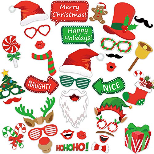 Product Cover Photo Booth Props 35pcs - Xmas Games for Party Supplies, Pictures Backdrop Decorations Set Favors for Adults Kids, Holiday Selfie Props, DIY Dress-up Decor