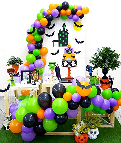 Product Cover Halloween Balloon Garland Arch Kit 16Ft Long 128pcs Orange Black Purple Fresh Green Balloons for Kids Birthday Party Centerpiece Backdrop Decorations and Front Door Porch Decor