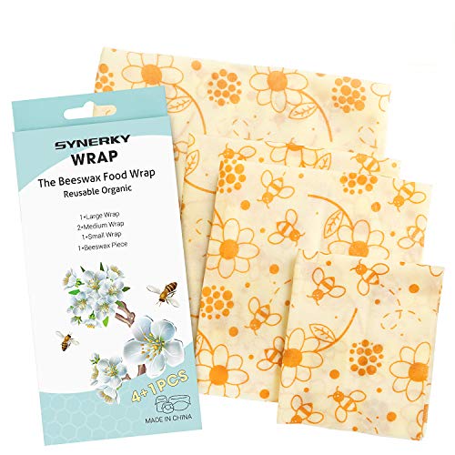 Product Cover Reusable Beeswax Food Wraps - SYNERKY Eco-friendly Wax Paper Sandwich Snacks Cheese Wraps, Zero Waste, Sustainable Plastic-Free Cloth Bee Wrappers Wrapping Paper for Home Kitchen Storage (4 Pack)