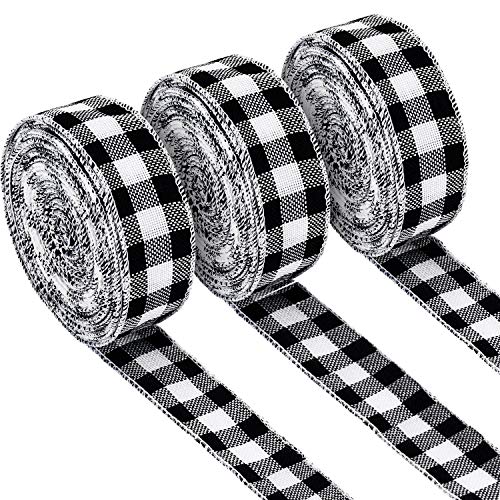 Product Cover 3 Rolls Gingham Ribbon Black and White Plaid Burlap Ribbon Christmas Wired Edge Ribbons for Christmas Gift Wrapping, Crafts Decoration (1.18 by 315 Inches)