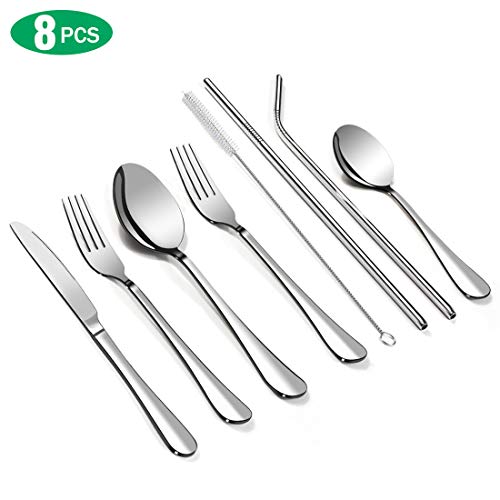 Product Cover LPOLER Travel Utensils Reusable Portable Travel Camping Cutlery Set Stainless Steel Flatware Set Silverware Set with 8 Piece Included Dinner Knives Forks and Spoons Set Cleaning Brush Metal Straws