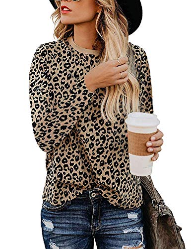 Product Cover lamibaby Women's Casual Tops Leopard Print T-Shirt Basic with Crewneck Long Sleeve Soft Stretchy Blouse