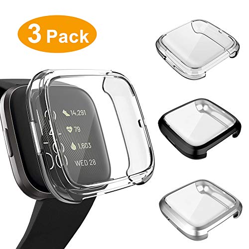 Product Cover 3 Pack Screen Protector Compatible Fitbit Versa 2 Case, GHIJKL Ultra-Thin Slim Soft TPU Protective Case All-Around Full Cover Bumper Shell for Fitbit Versa 2 Smart Watch, Clear,Black,Silver