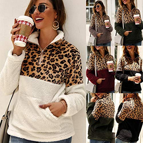 Product Cover Women Leopard Sweatshirt Tops Patchwork Long Sleeve Front Zipper Pullover Plush Sweatshirt White