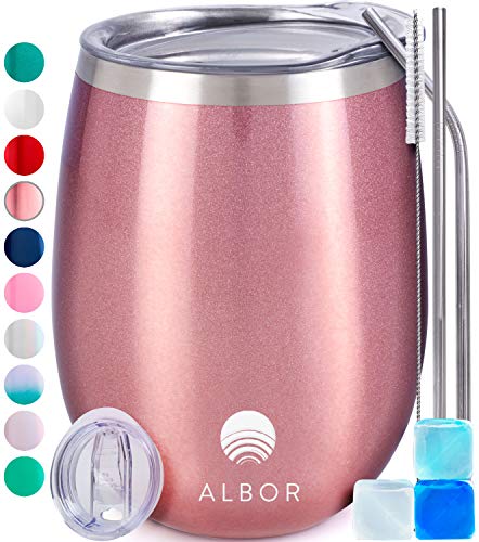 Product Cover Albor Triple Insulated Wine Tumbler with Lid Stainless Steel 12 Oz Tumbler Rose Gold