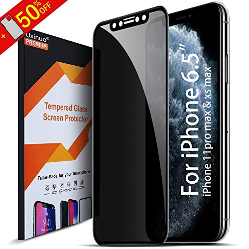 Product Cover Uxinuo Privacy Screen Protector for iPhone 11 Pro Max, Premium 4D Curved Edge to Edge Full Coverage Privacy Tempered Glass Screen Protector for Apple iPhone 11 Pro Max, Xs Max (Privacy 11 Pro Max 6.5)