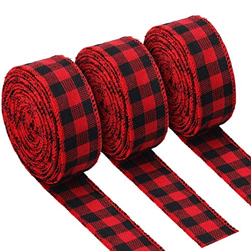 Product Cover 3 Rolls Red and Black Buffalo Plaid Ribbon Christmas Wired Edge Ribbon Check Burlap Ribbon for Gift Wrapping, Crafts Decoration (1.34 by 315 Inches)