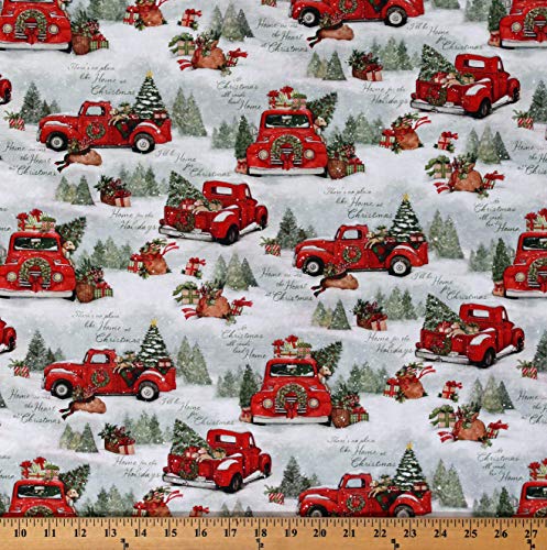Product Cover Cotton Red Trucks Christmas Tree Farm Trees Presents Gifts Dogs Winter Holiday Quotes Home for Christmas Cotton Fabric Print by The Yard (D400.32)
