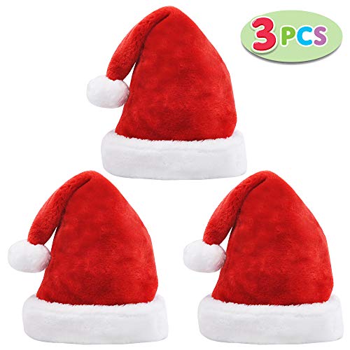 Product Cover JOYIN 3 Pcs Deluxe Santa Hats with White Plush Trim and Red Velvet, Christmas Hats for Christmas Party Favors and Holiday supplies