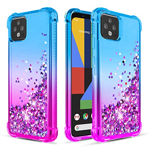 Product Cover Donse for Google Pixel 4 Case Four-Corner Diamond Glitter Bling Floating Liquid Quicksand Silicone Slim Non-Slip Shockproof Bumper (Teal/Purple)
