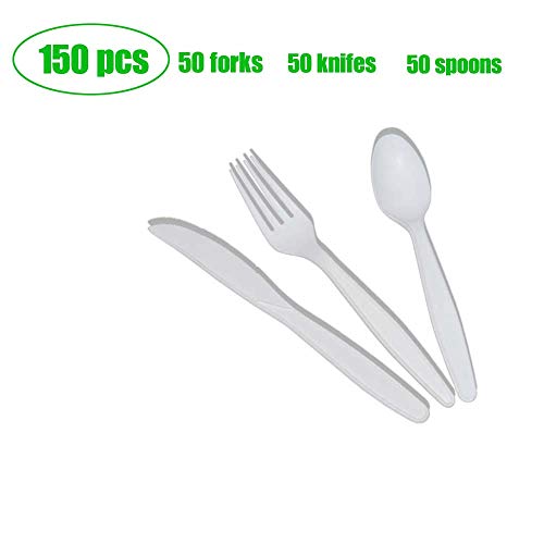 Product Cover 150 Count Disposable Cutlery Set, Compostable Biodegradable Utensils Eco-friendly Durable Cornstarch Flatware Includes 50 Forks, Knives & Spoons for Party, BBQ, Picnic & Potlucks