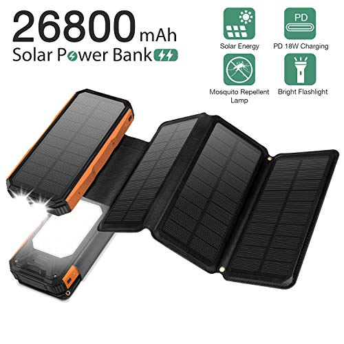 Product Cover Panergy Solar Charger 26800mAh,Portable 6W Four Panels Charger With 60 LED Flashlight,18W PD Fast Charger For iPhone 11 Pro/Galaxy S10/iPad Pro more