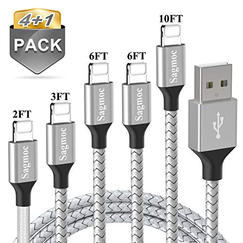 Product Cover Phone Charger Cable Silver with Highspeed - Sagmoc USB Charging Cord Nylon Braided 4+1Pack (10FT 2X6FT 3FT 2FT) Compatible with XS/XS MAX/XR/X/8/8Plus/7/7Plus/6/6Plus/6s/6sPlus/5/5s/AIR/PRO and Mor