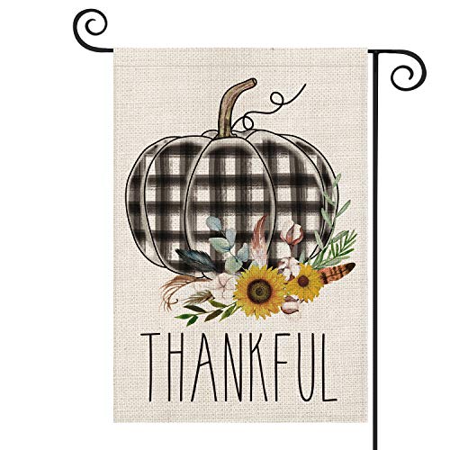 Product Cover AVOIN Thankful Watercolor Buffalo Plaid Pumpkin Garden Flag Vertical Double Sized, Fall Thanksgiving Harvest Rustic Burlap Yard Outdoor Decoration 12.5 x 18 Inch