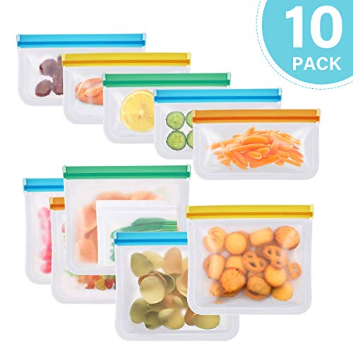 Product Cover Reusable Food Storage Bags, 10 Pack Leakproof Freezer Bag, reusable sandwich/snack bags-Silicone/Ziplock/Storage For Vegetable, Liquid, Snack, Meat, Lunch, Fruit EXTRA THICK Home Organization Travel