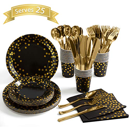 Product Cover Black and Gold Party Supplies 175 Pieces Golden Dot Disposable Party Dinnerware - Black Paper Plates Napkins Cups, Gold Plastic Forks Knives Spoons for Graduation, Birthday, Cocktail Party